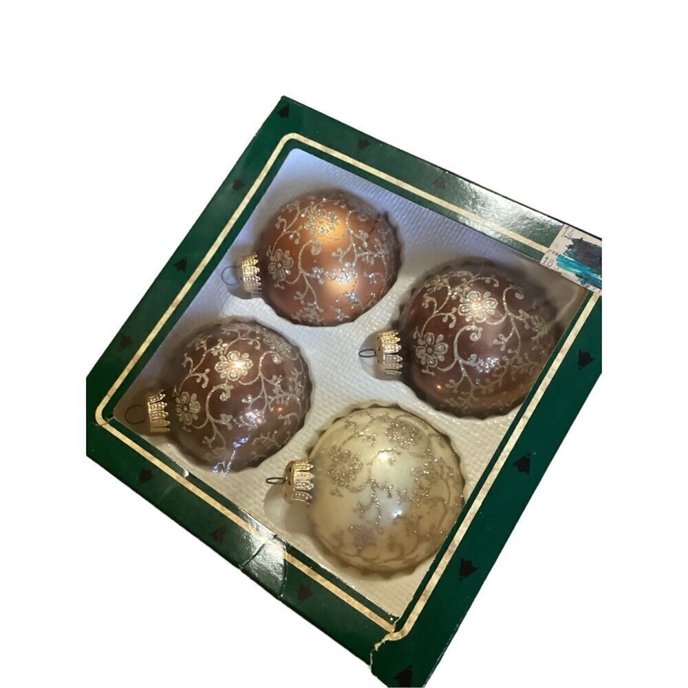 Christmas by Krebs Set Of Four Glass Ball VTG Gold / Bronze Ornaments
